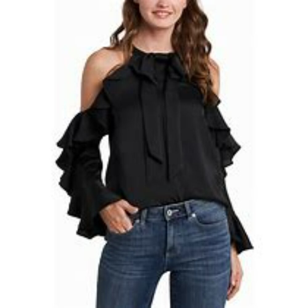 NWT Cece Women's Cold Shoulder Ruffle Blouse Black